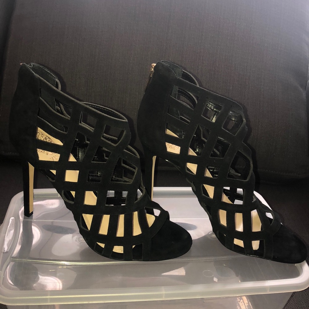 Vince Camuto black suede open toe heels